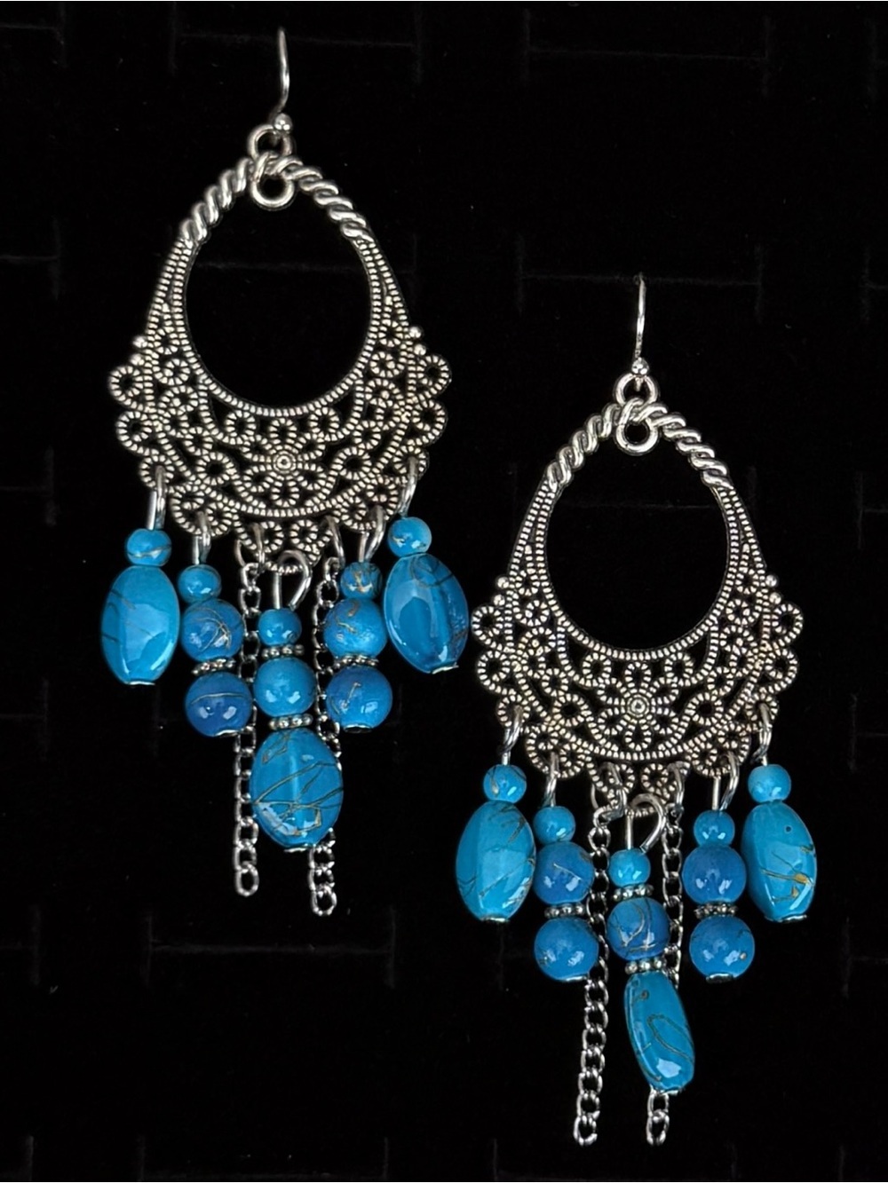 Silvertone and Blue Chandelier Pierced Earrings